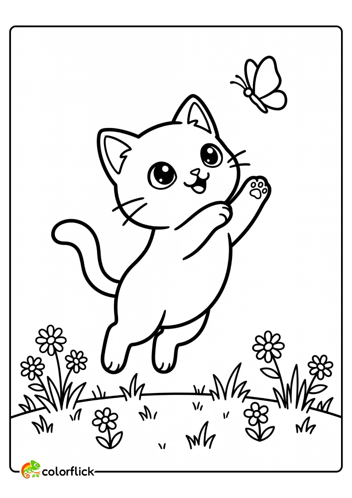 A playful and happy jumping cat with outstretched paws tries to catch a flying butterfly in a garden with daisies, an easy printable coloring page for kids.