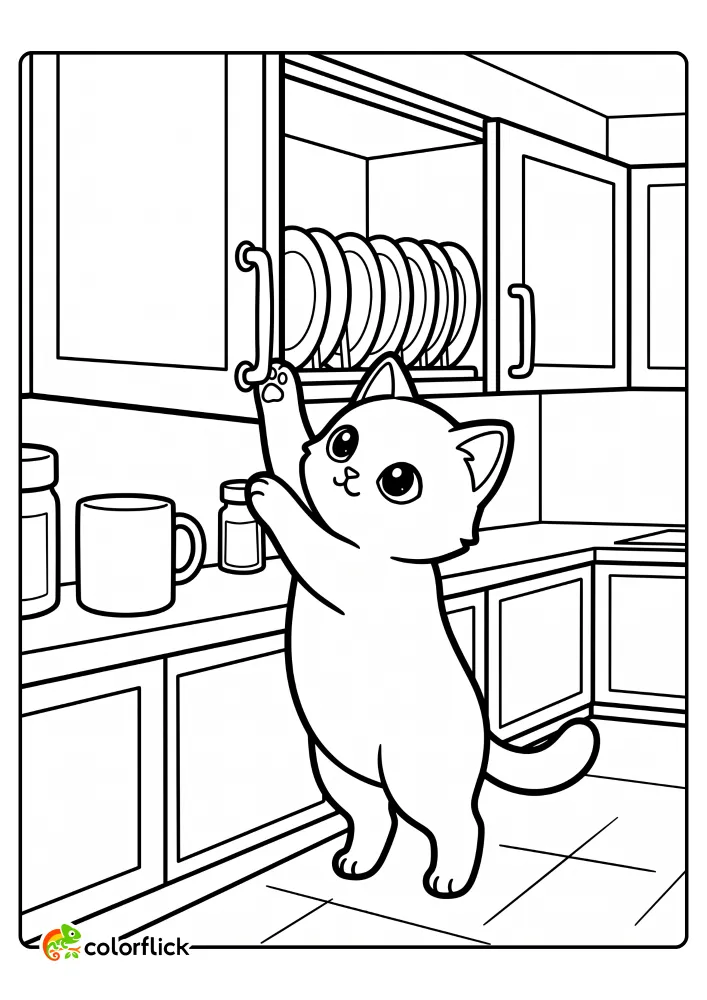 A printable coloring page for kids showing a playful kitten on its hind legs reaching up to pull open a kitchen cabinet with dishes visible inside.