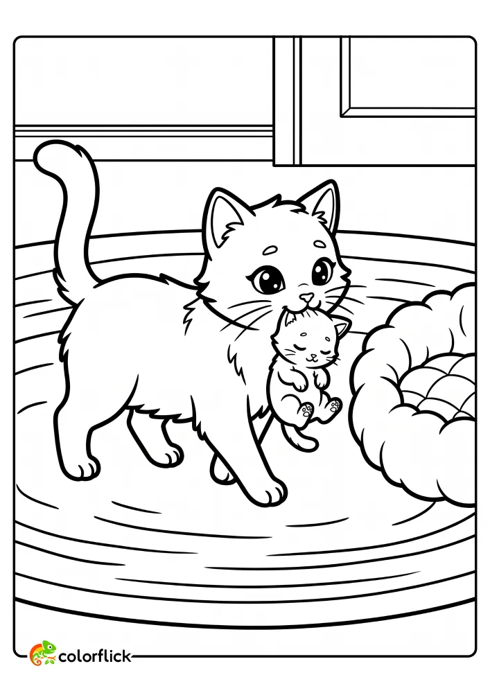 A printable coloring page for kids showing a loving mother cat with large friendly eyes, gently carrying her small sleeping kitten in her mouth as they walk across a cozy rug towards a soft pet bed.