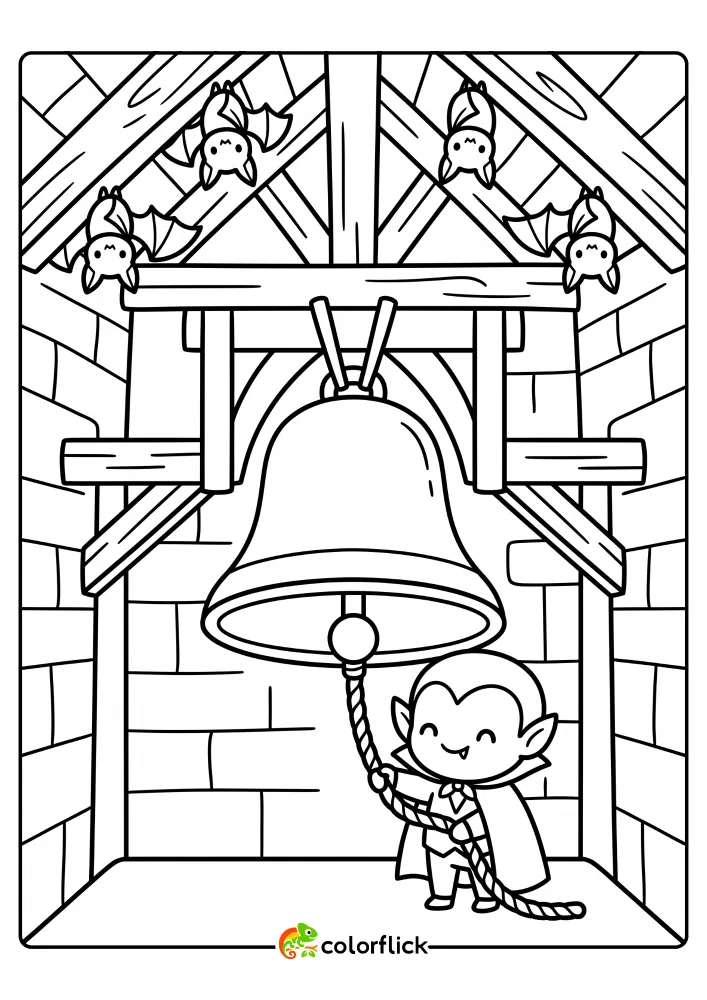 A cute cartoon vampire pulling a rope to ring a large bell in a stone belfry with bats hanging from the rafters, free printable coloring sheet.