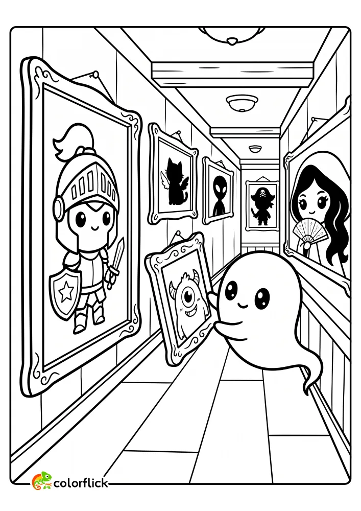 A friendly ghost adjusts a tilted picture frame in a spooky hallway lined with funny character portraits like a knight and a lady, printable coloring page for kids.