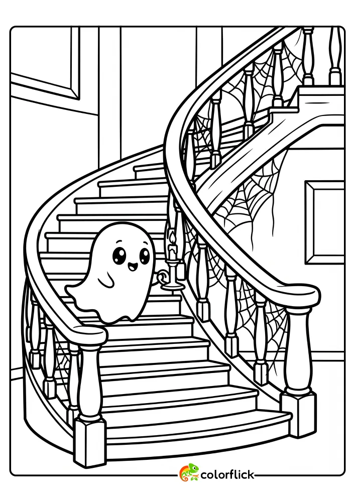 A printable coloring page for kids featuring a cute, smiling cartoon ghost floating near a grand, winding wooden staircase covered in cobwebs inside a haunted house.