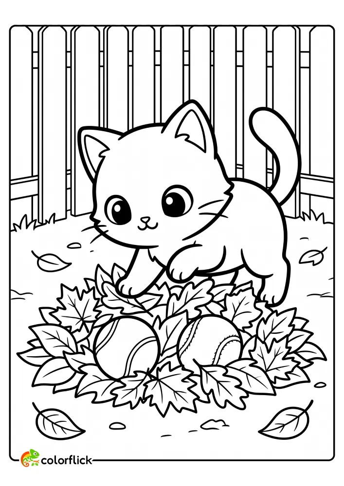 A curious kitten poking its paw into a pile of autumn leaves to find a hidden tennis ball by a wooden fence, free printable coloring sheet.