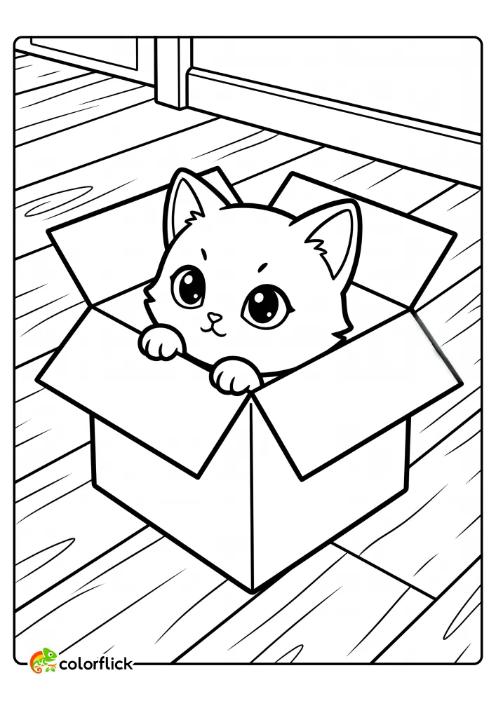A cartoon kitten peeking its head and two front paws out of a square cardboard box with folded flaps on wooden floorboards, ready for coloring. This is a printable coloring page for kids.