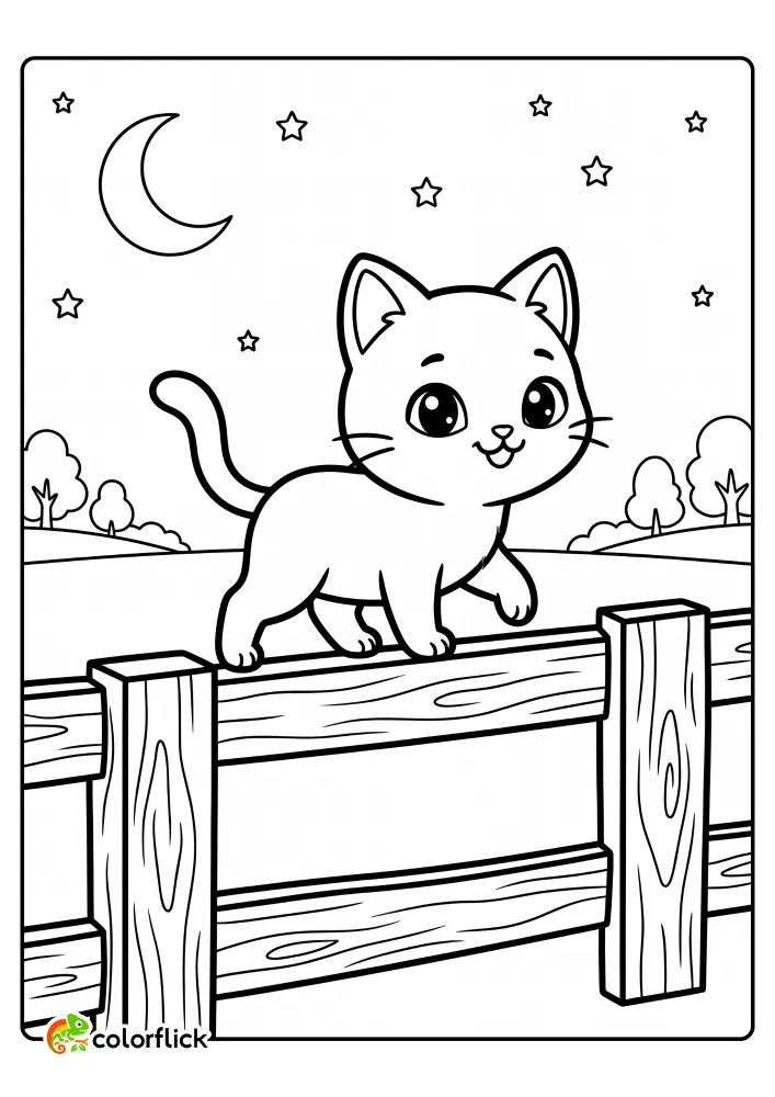 A cute printable coloring page for kids showing a chibi cat walking on a wooden fence at night with a crescent moon and stars.