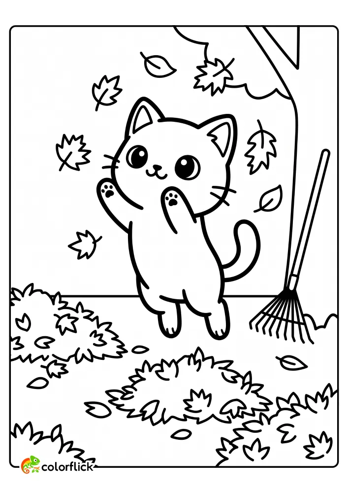 A cute, playful kitten catching falling autumn leaves in a yard with piles of leaves and a rake, shown as a free printable coloring sheet for kids.