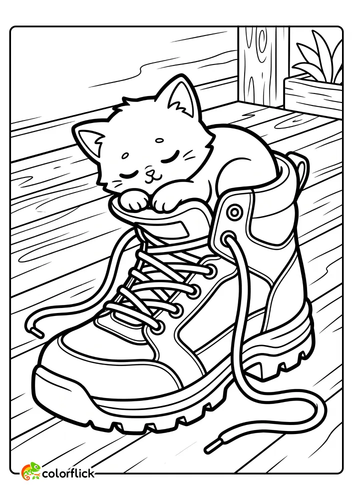 A sleeping kitten curled up inside a hiking boot with loose laces, free printable coloring sheet.