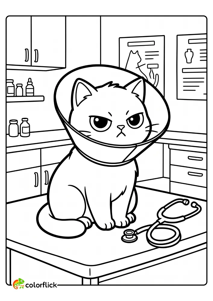 A grumpy cat sits unhappily wearing a clear veterinary cone collar on an exam table next to a stethoscope in a clinic setting, printable coloring page for kids.