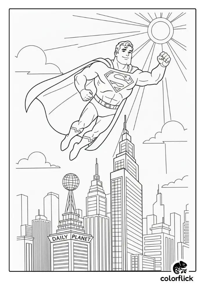 Coloring page sketch of Superman flying heroically over the city of Metropolis, with the Daily Planet building below.