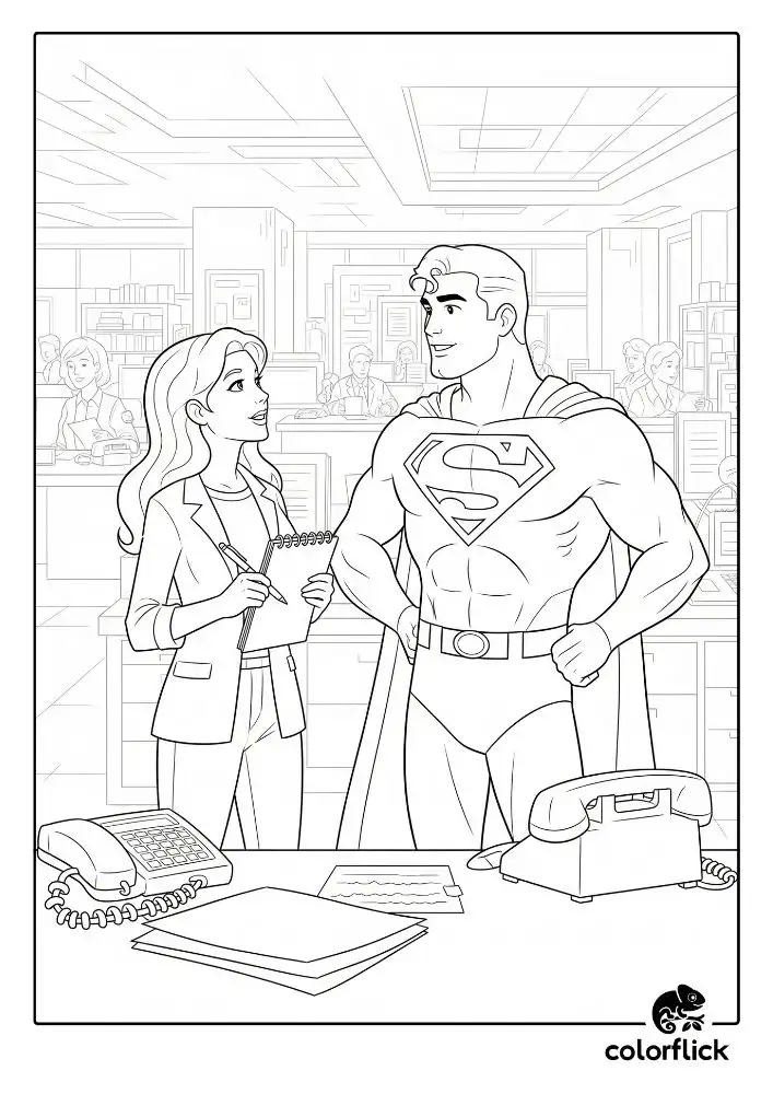 oloring page sketch of Superman talking with the determined reporter Lois Lane in the busy newsroom of the Daily Planet