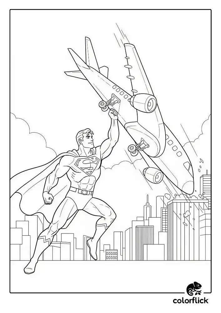 Coloring page sketch of Superman heroically catching and lifting a falling passenger airplane above a city.