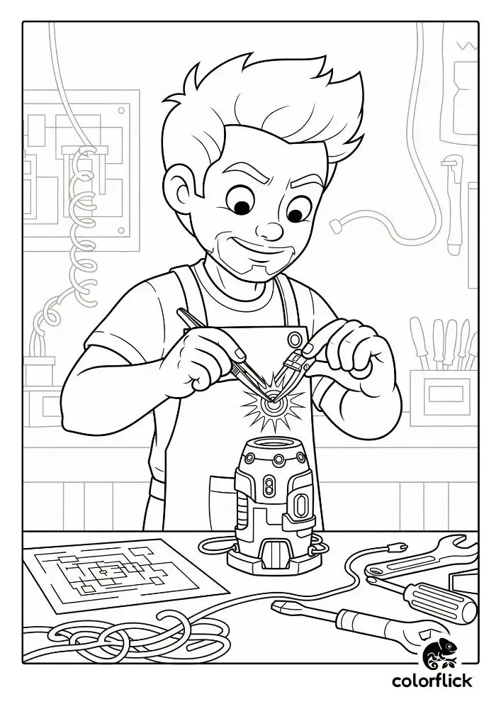 Coloring page sketch of a young Tony Stark carefully assembling the miniature Arc Reactor in his workshop.