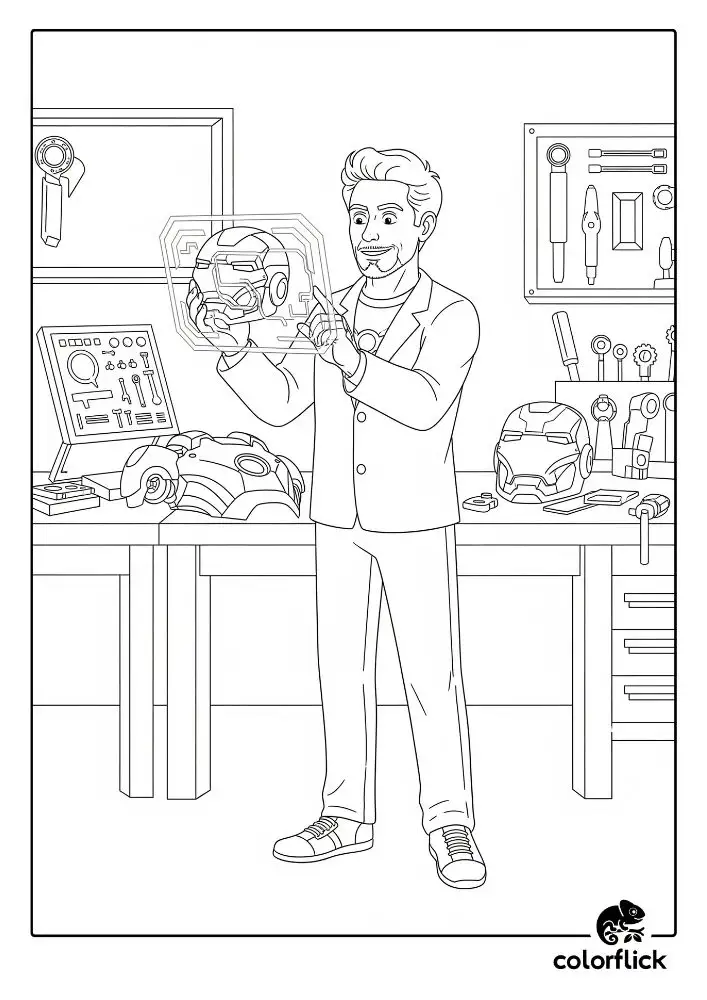 Coloring page sketch of the genius inventor Tony Stark working on the Iron Man helmet in his high-tech workshop