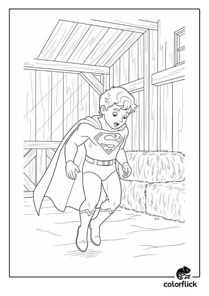 Coloring page sketch of a young Superman (Clark Kent) in his costume, floating slightly off the ground inside a barn, looking surprised