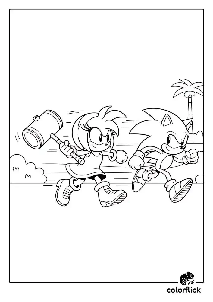 A black and white coloring page of Amy Rose with her Piko Piko Hammer, energetically chasing after a running Sonic the Hedgehog.