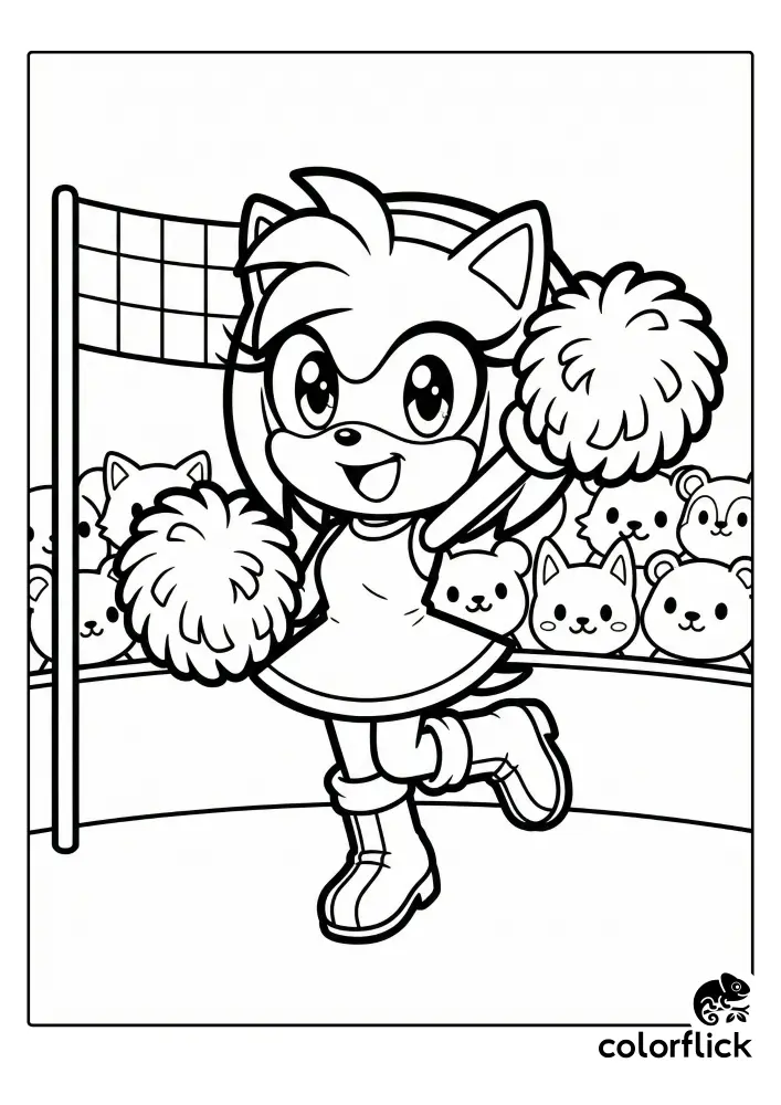 A chibi coloring page showing Amy Rose smiling widely and waving large pom-poms as a cheerleader next to a racetrack checkered flag with cute animal spectators in the background.