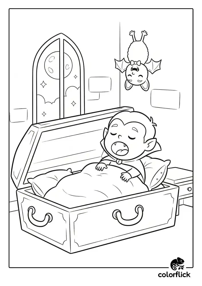 A black and white coloring page of a cute baby vampire yawning while going to sleep in his cozy coffin bed, with a pet bat hanging from the ceiling