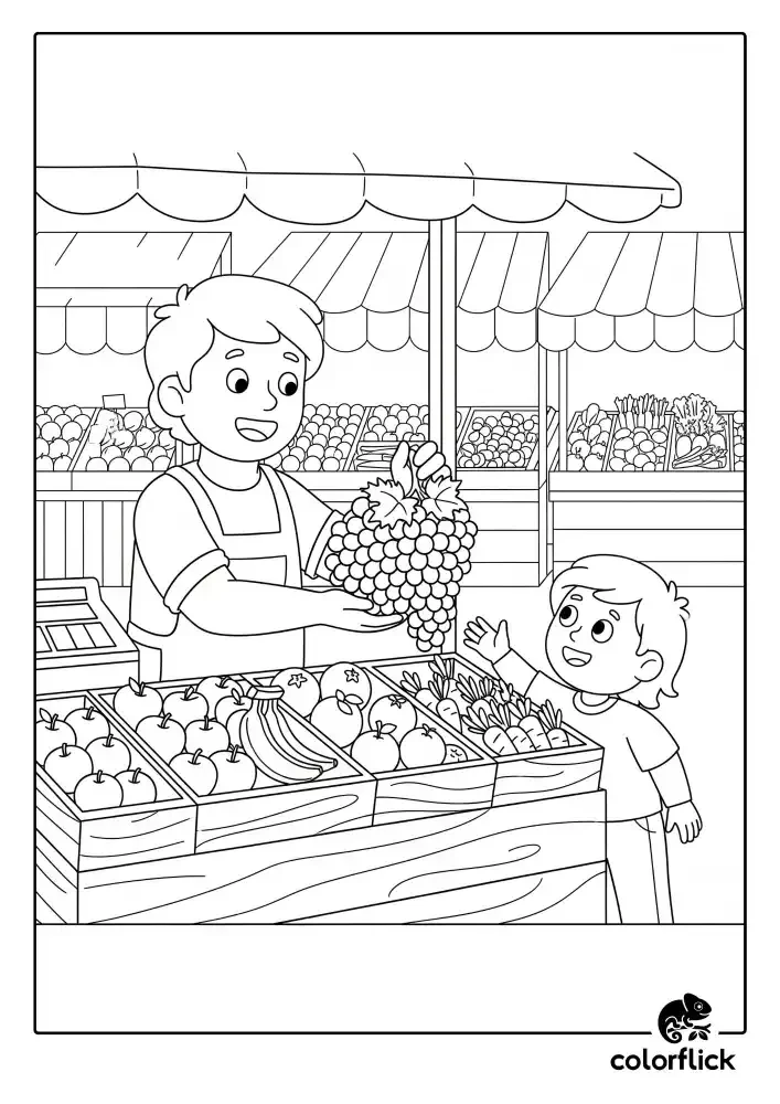 A black and white coloring page of a friendly vendor at a fruit stand showing a large bunch of grapes to an excited young boy.