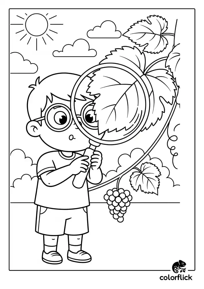 A black and white coloring page of a curious young boy with glasses using a magnifying glass to examine a grape leaf on a vine