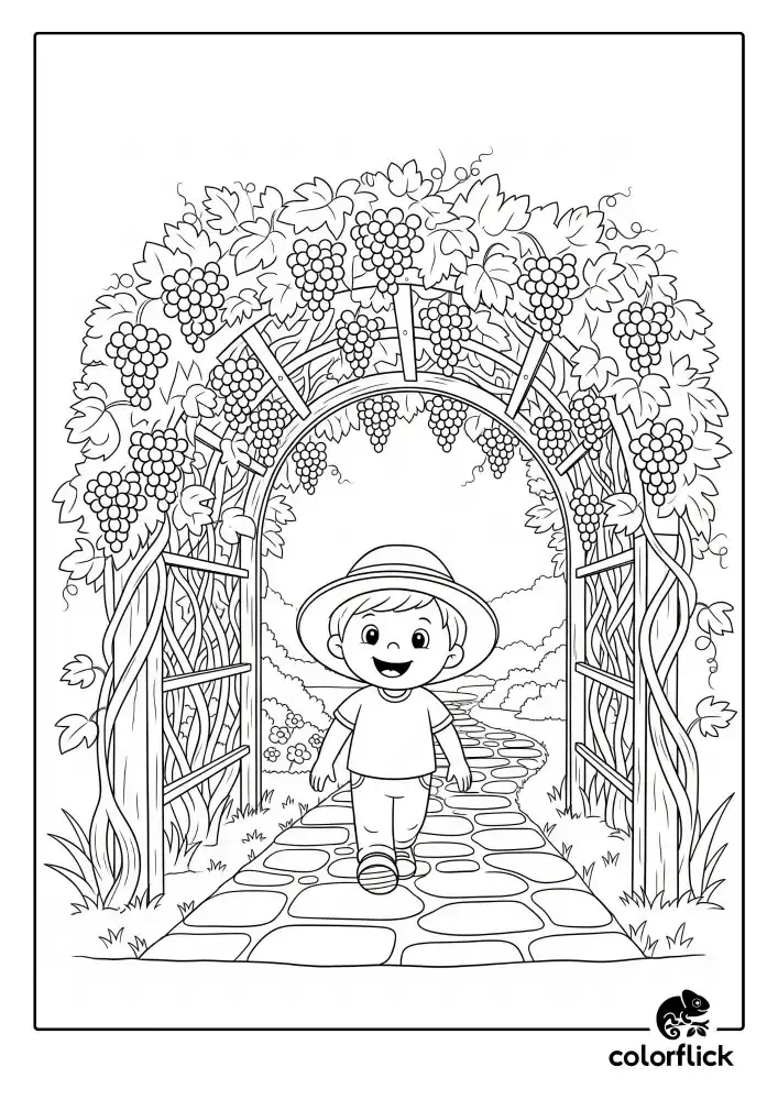 A black and white coloring page of a happy boy in a sun hat walking on a stone path through a beautiful arbor covered in grapevines.