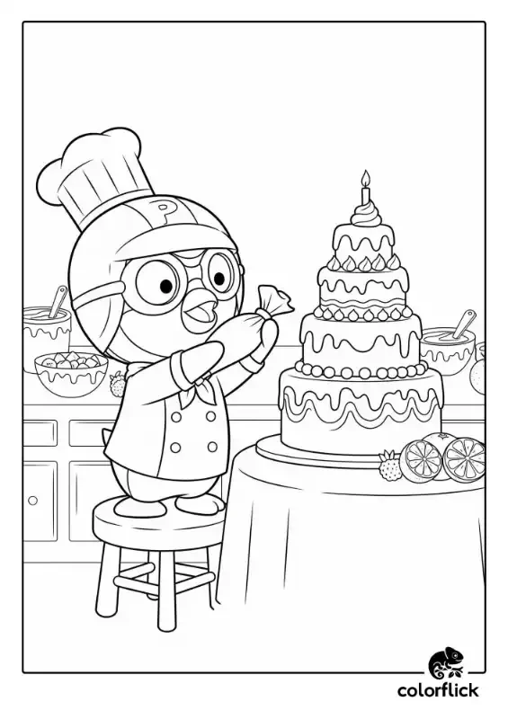 A black and white coloring page of Chef Pororo standing on a stool and using a piping bag to decorate a large, multi-layered cake.