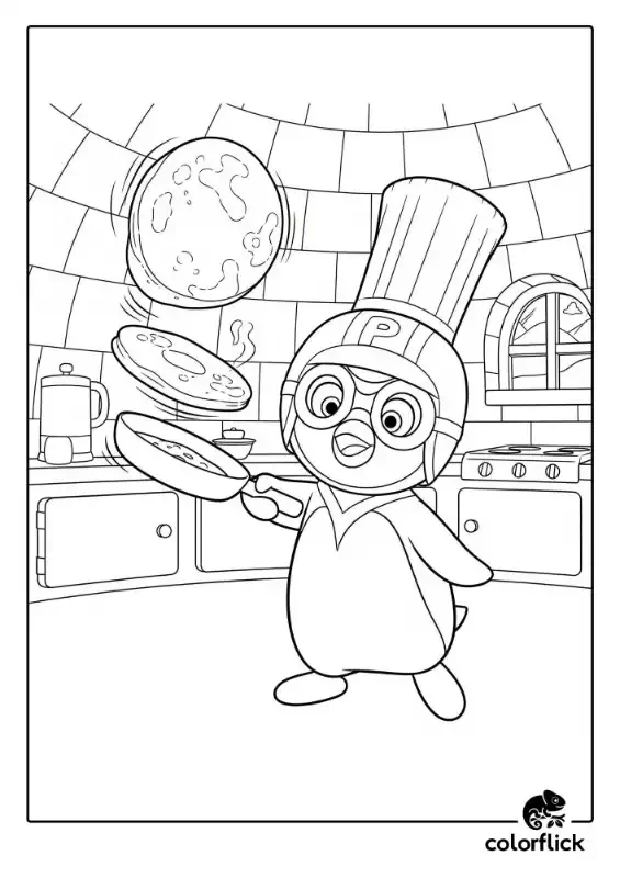 A black and white coloring page of a proud Chef Pororo skillfully flipping pancakes in a frying pan inside his igloo kitchen