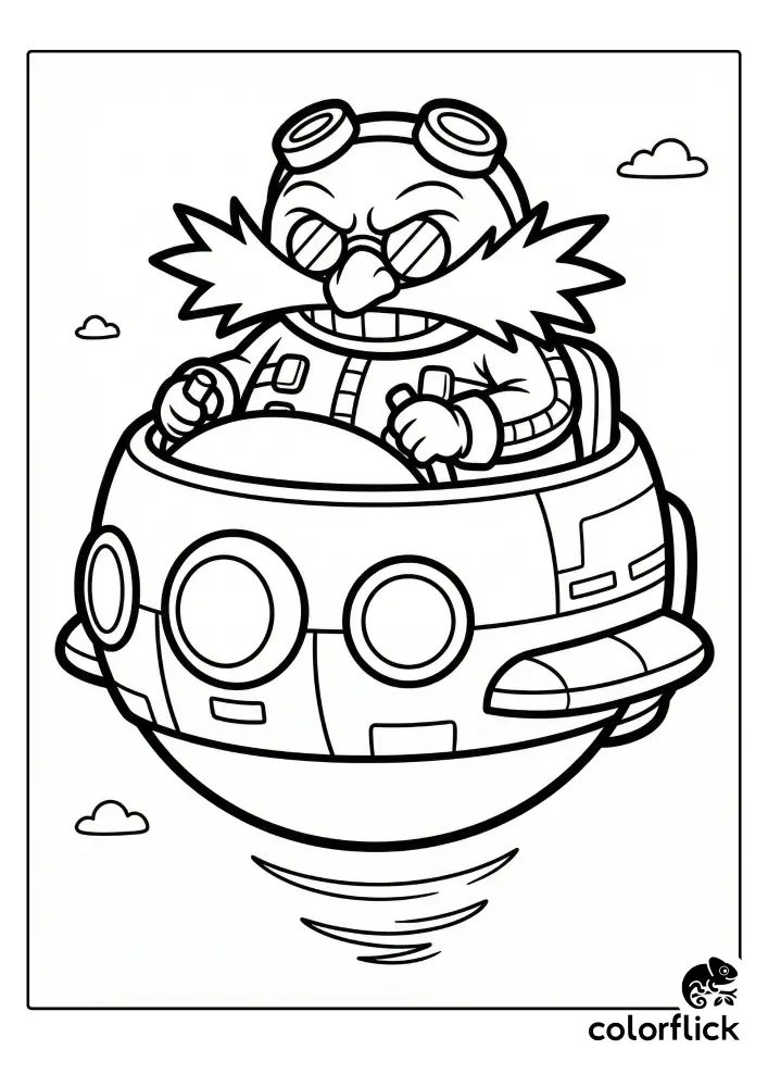 A line art coloring page showing a chibi-style Dr. Eggman with a devious grin, piloting his round flying pod through a cloudy sky.