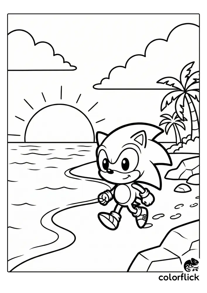 A printable coloring page showing cute chibi Sonic the Hedgehog walking along a sandy beach shoreline with palm trees as a sun sets over the ocean.