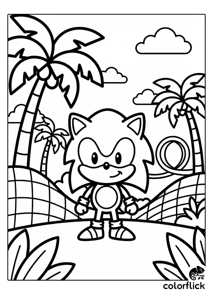 A line art coloring page featuring a cute chibi Sonic the Hedgehog standing among palm trees and checkered hills in the Green Hill Zone landscape.