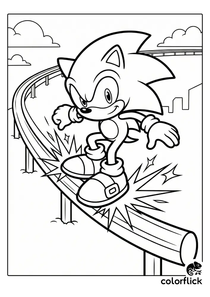 A printable coloring page showing chibi Sonic the Hedgehog coolly grinding along a curved metal rail with sparks flying from his feet.