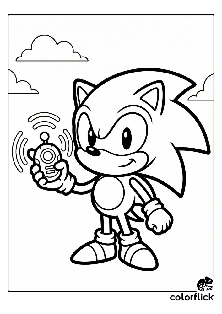 A coloring page featuring a cute chibi version of Sonic the Hedgehog smiling while holding a small power-up device that is emitting signal waves.
