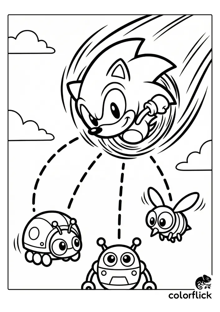 A cute chibi coloring page showing Sonic the Hedgehog curled into a spin-dash ball, targeting three small Badnik robots with dotted lines.