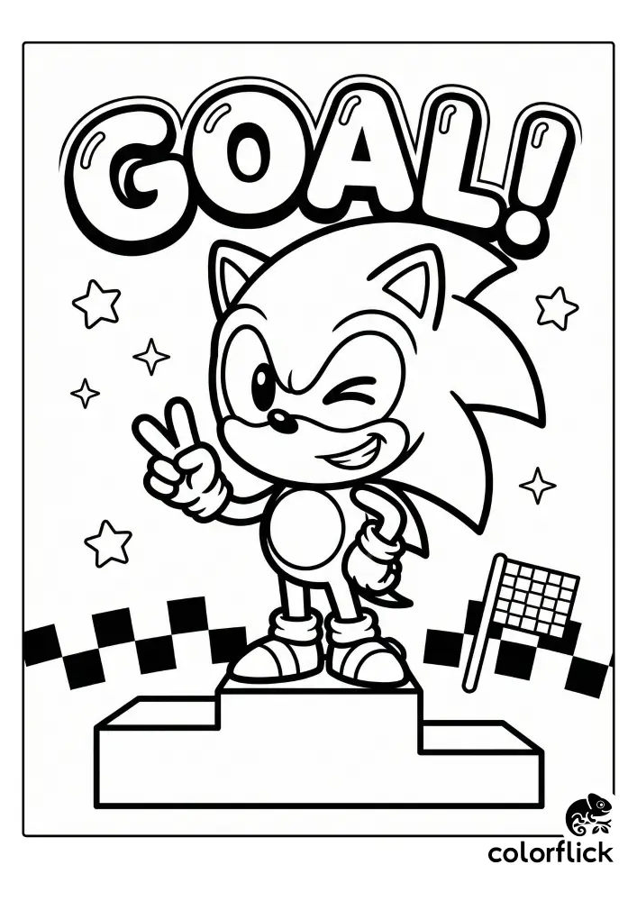 A printable coloring page featuring cute chibi Sonic the Hedgehog standing on a victory podium, winking and giving a peace sign next to a checkered flag and a large "GOAL!" banner.
