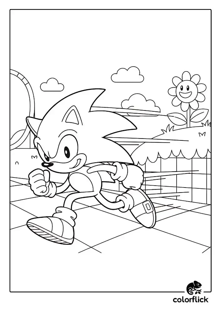 A black and white coloring page of a confident Sonic the Hedgehog running through the classic Green Hill Zone with a loop-de-loop in the background.