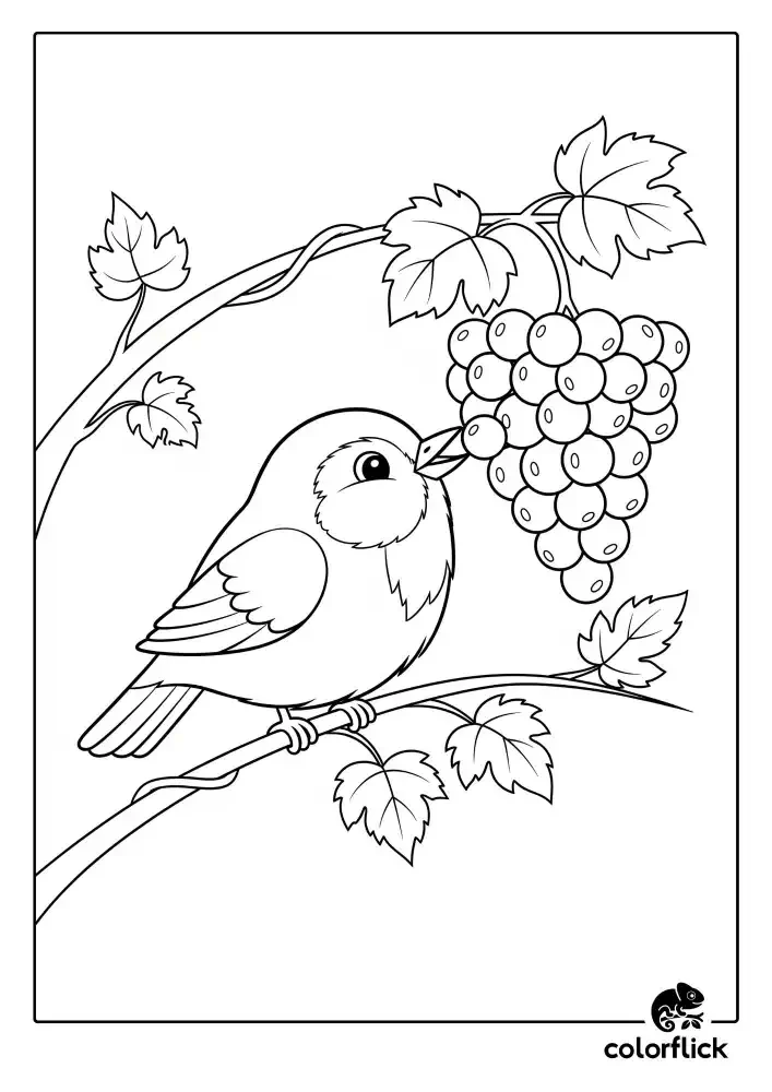A black and white coloring page of a small, cute bird perched on a branch and eating a grape from a large bunch.