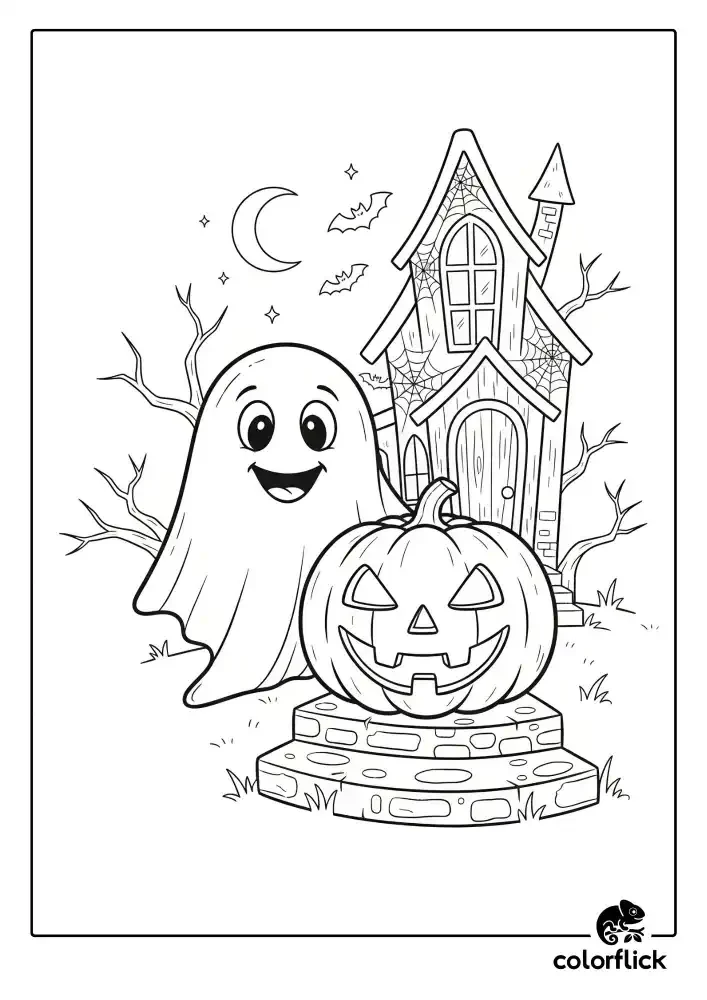 A black and white coloring page of a friendly ghost peeking out from behind a large jack-o'-lantern in front of a haunted house at night
