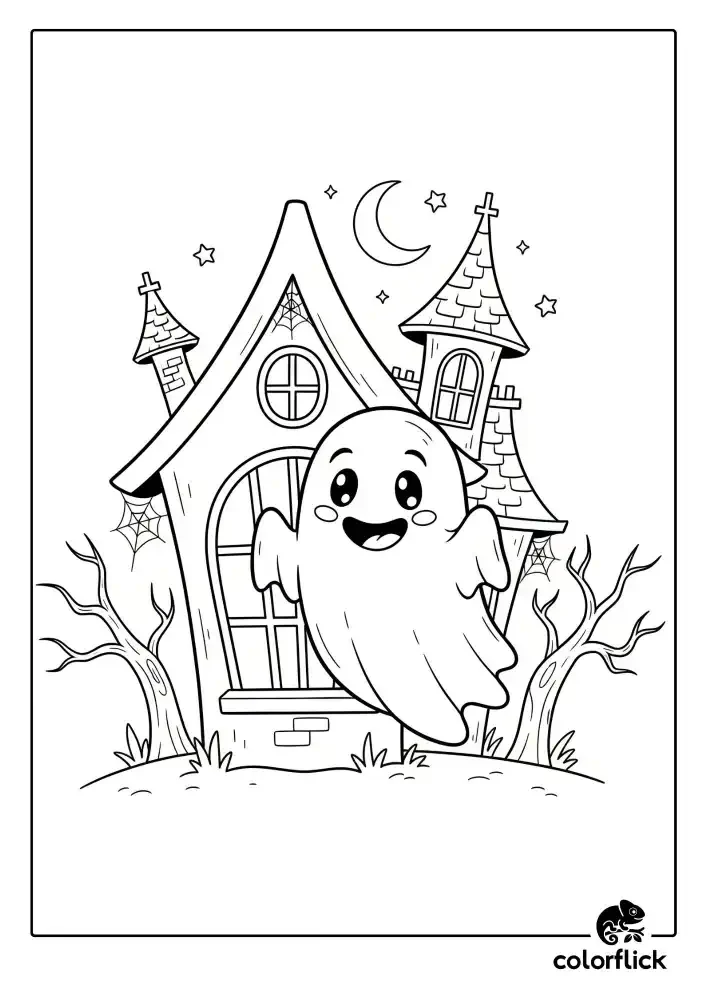 A black and white coloring page of a friendly cartoon skeleton waving as it comes out of the ground in a cemetery at night under a smiling moon.