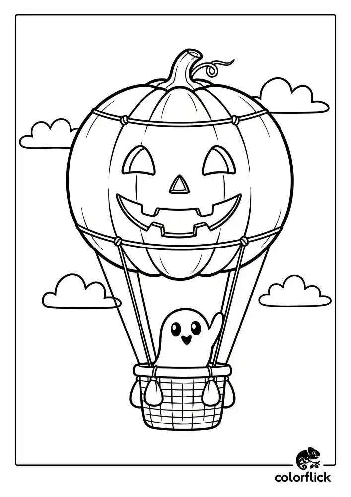 A black and white coloring page of a cute ghost waving from the basket of a hot air balloon that is shaped like a giant jack-o'-lantern