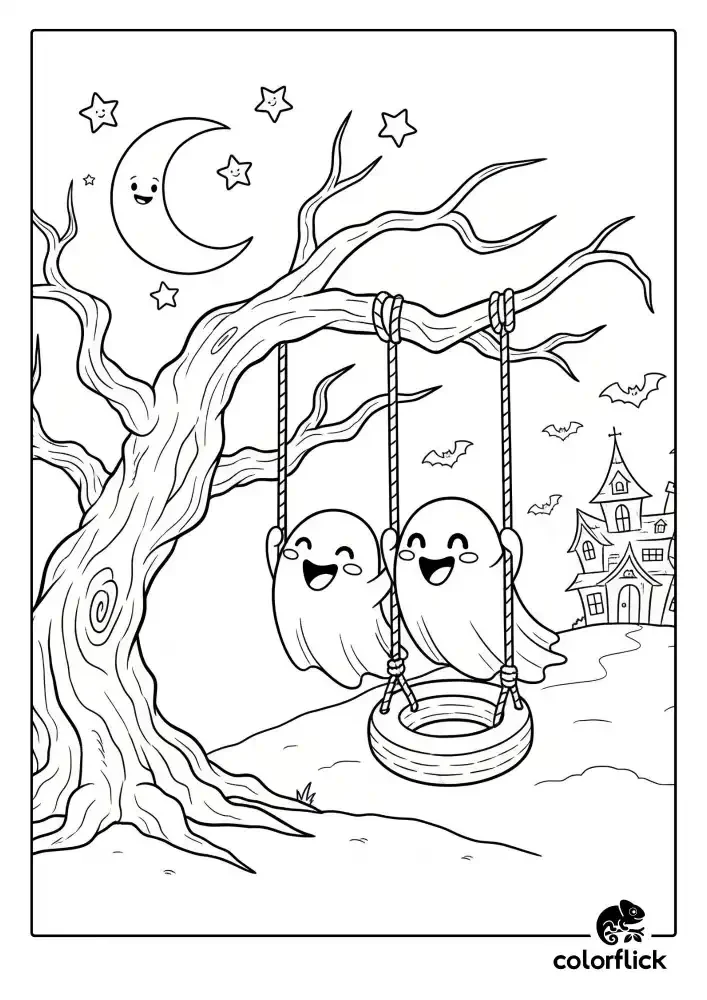 A black and white coloring page of two happy ghosts swinging on a tire swing hanging from a spooky tree at night, with a haunted house in the background