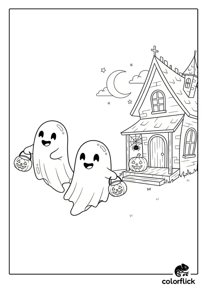 A black and white coloring page of two friendly ghosts with jack-o'-lantern candy pails, trick-or-treating away from a spooky house at night