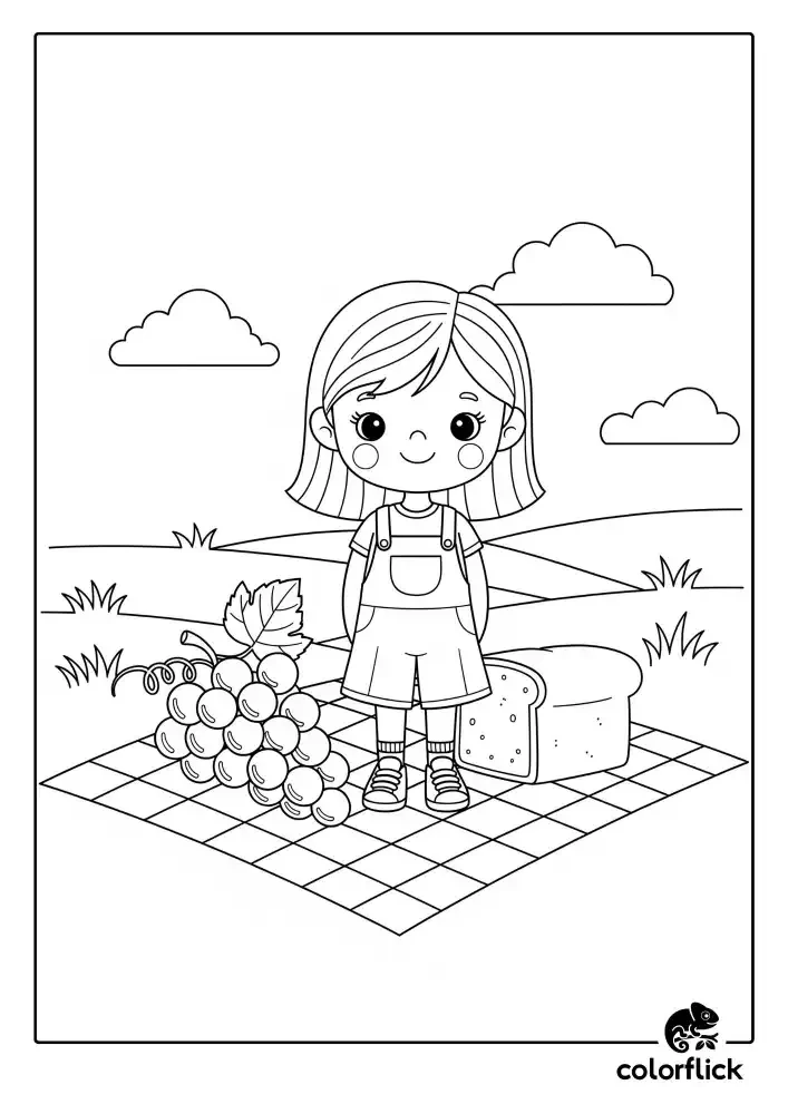 A black and white coloring page of a cute girl in overalls standing on a picnic blanket outdoors with a bunch of grapes and a loaf of bread.