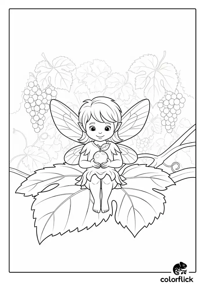 A black and white coloring page of a cute fairy with large wings, sitting on a grape leaf and holding a single grape.