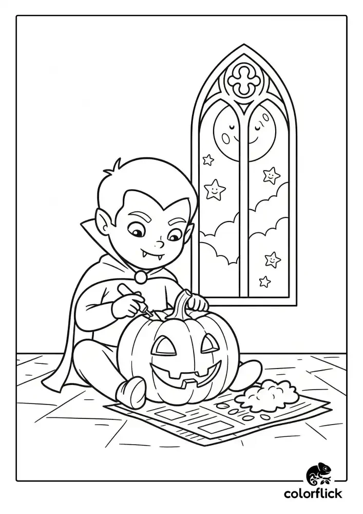 A black and white coloring page of a cute young vampire boy sitting on the floor and carving a jack-o'-lantern for Halloween