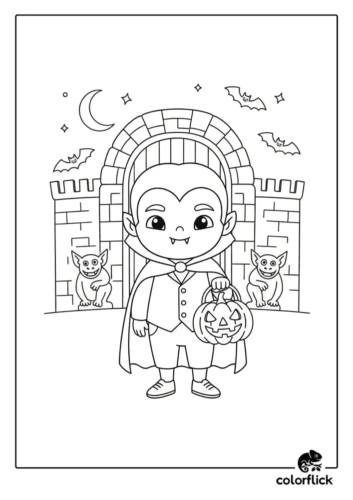 A black and white coloring page of a cute boy in a vampire costume holding a jack-o'-lantern candy pail in front of a castle gate.