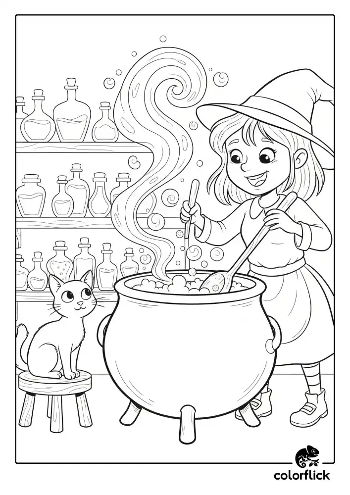 A black and white coloring page of a cute young witch stirring a bubbling cauldron while her cat watches from a stool.