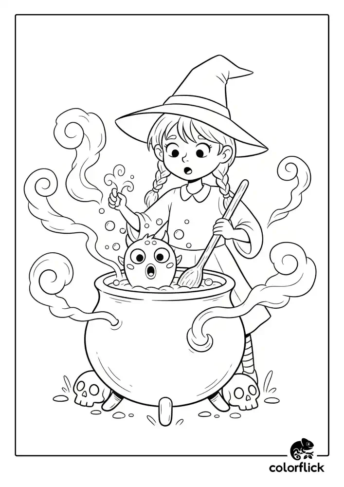 A black and white coloring page of a cute young witch stirring a bubbling cauldron as a funny little monster pops out