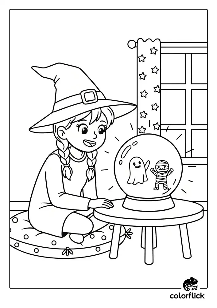 A black and white coloring page of a cute young witch with braids looking into a magical crystal ball.