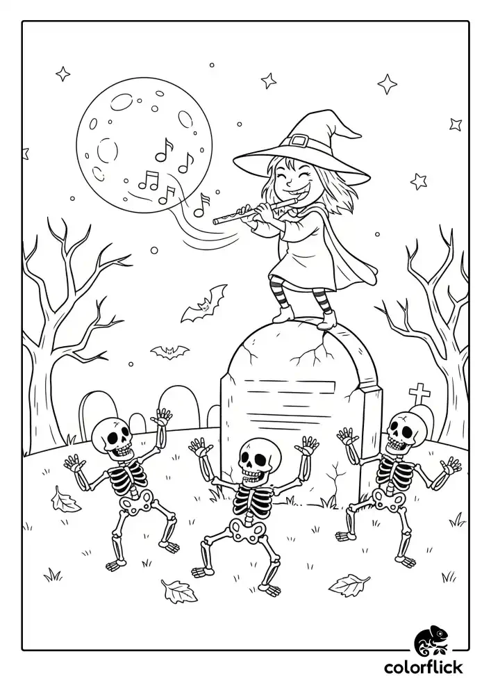 A black and white coloring page of a cute witch playing a flute on a tombstone, making three skeletons dance in a graveyard.
