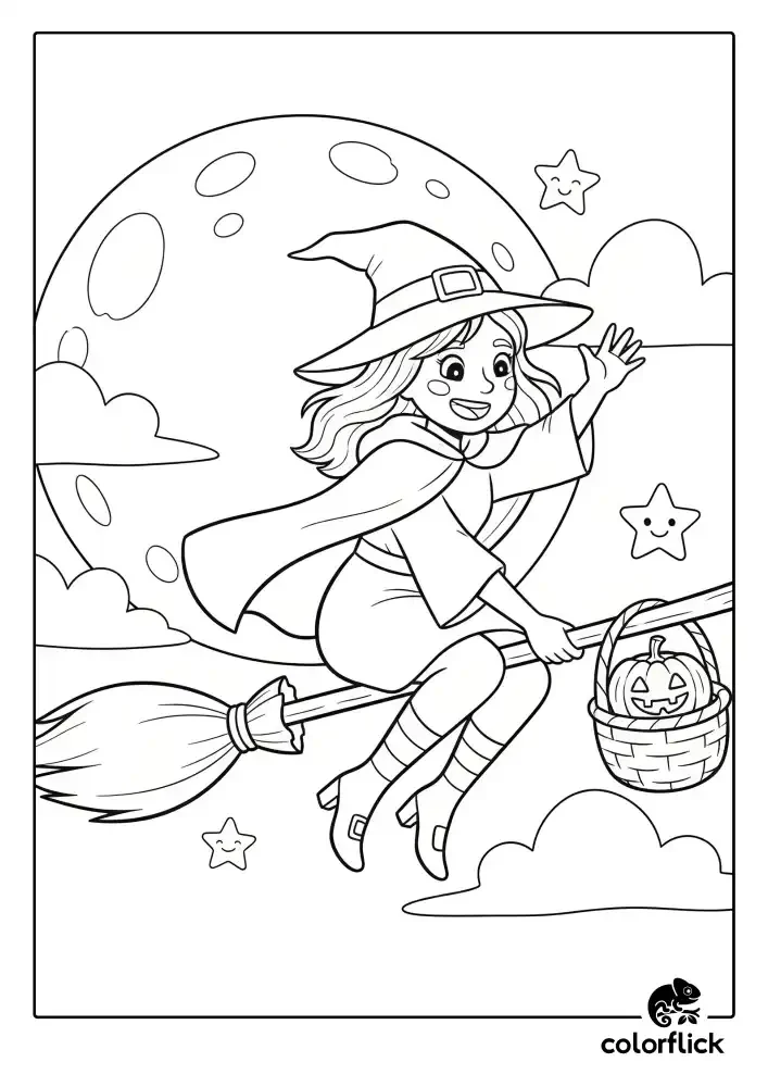 A black and white coloring page of a cute young witch in a cape flying on her broomstick in front of a large full moon.