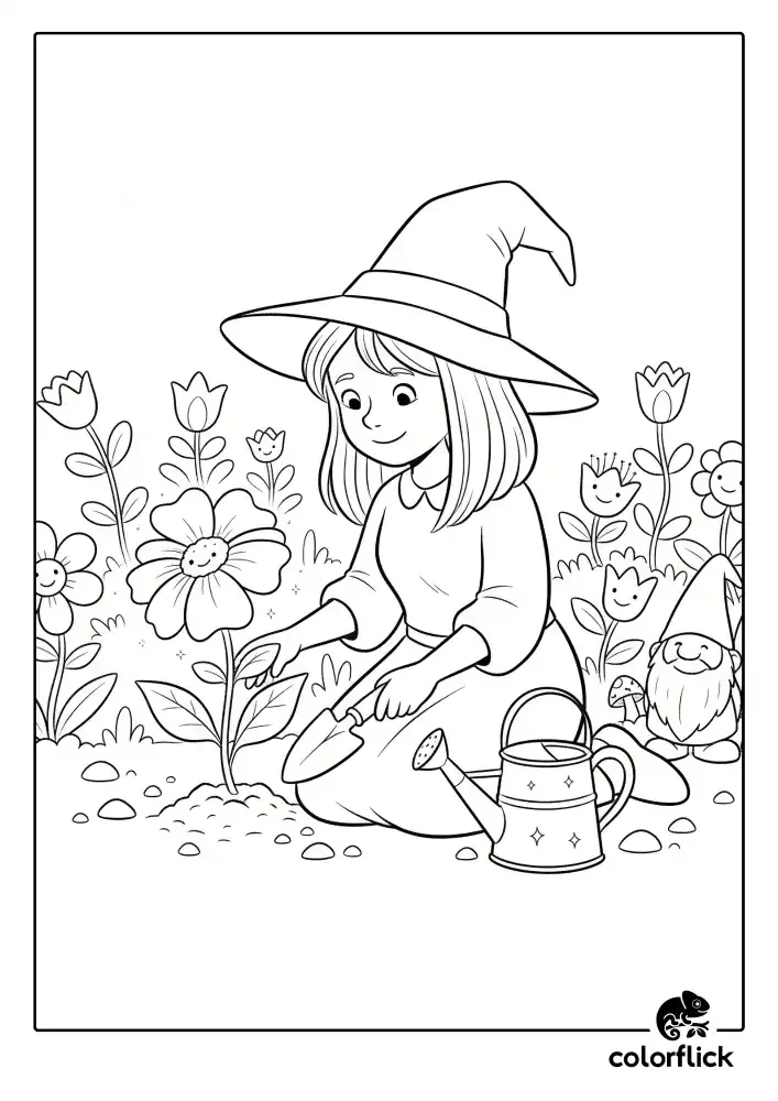 A black and white coloring page of a cute young witch planting a large flower in a garden, surrounded by smiling flowers and a garden gnome.